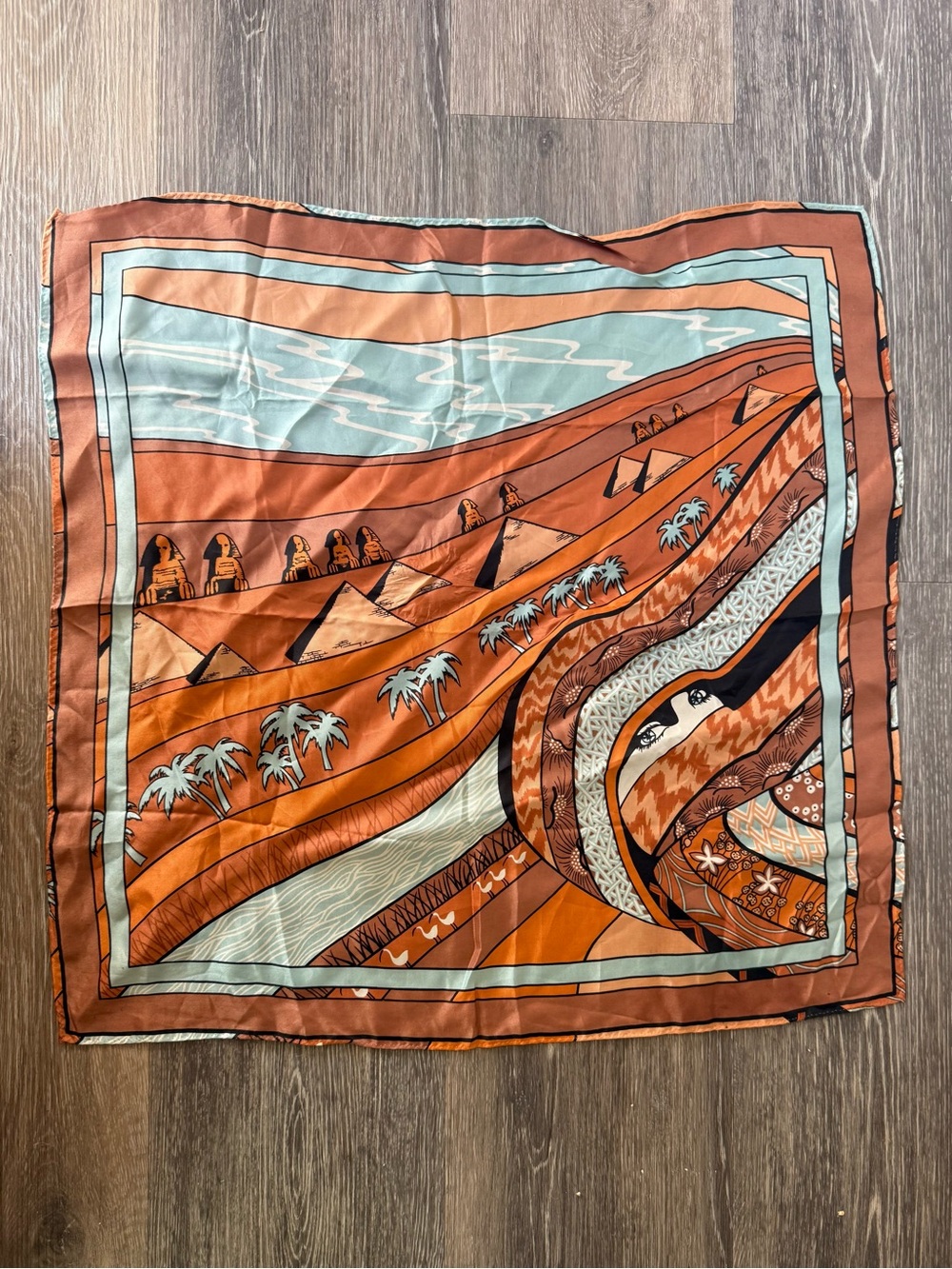 Vintage Egyptian Desert Print Square Scarf - Rust & Teal